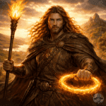 Lugh at sunset with flaming spear